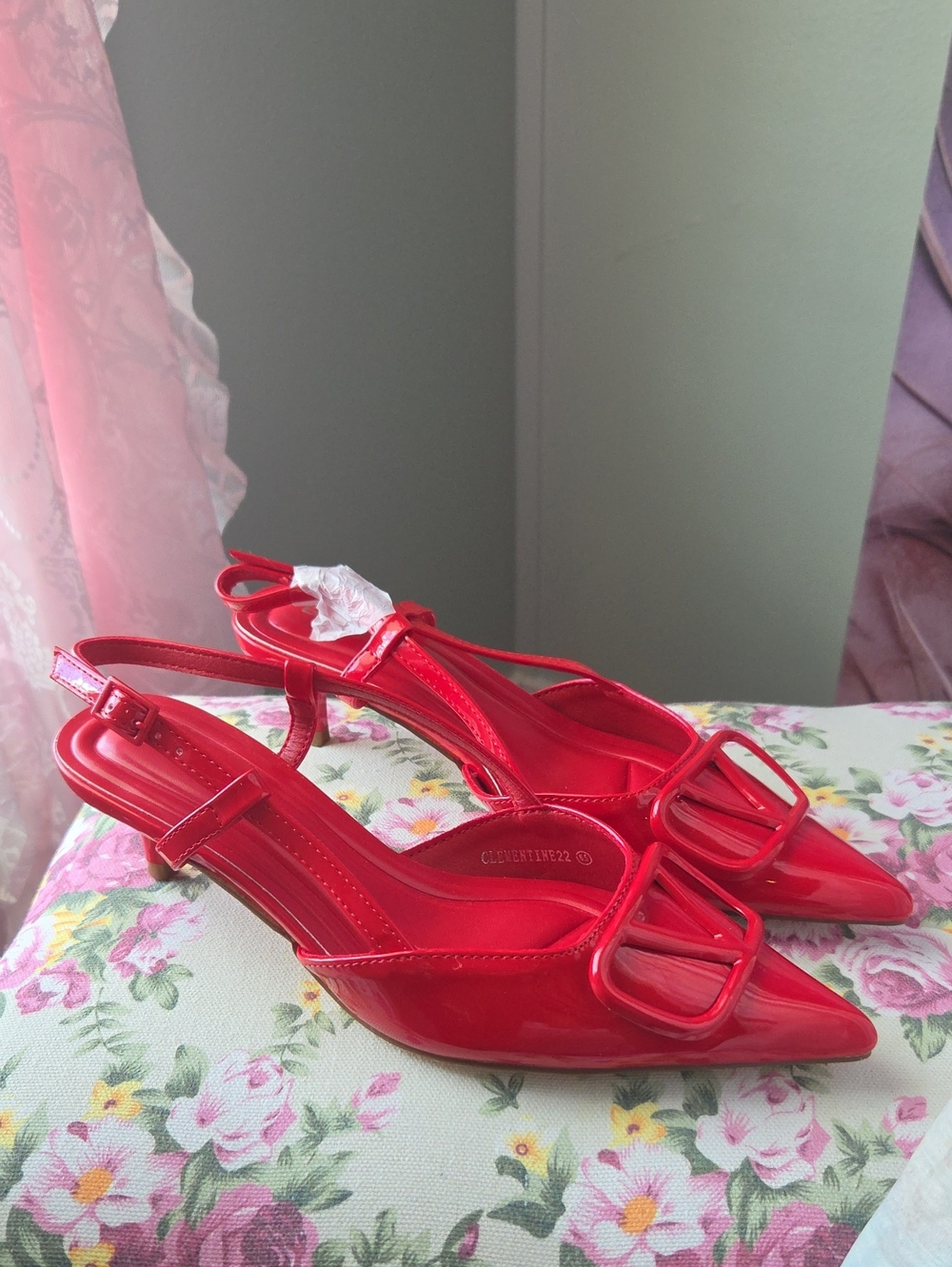 Red Patent Slingback Pointed-Toe Heels with Decorative Buckle